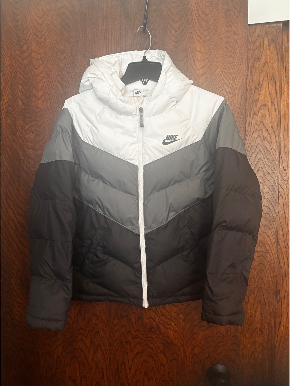 Nike Kid’s Large Puffer Jacket with Hood in Black, Gray, and White